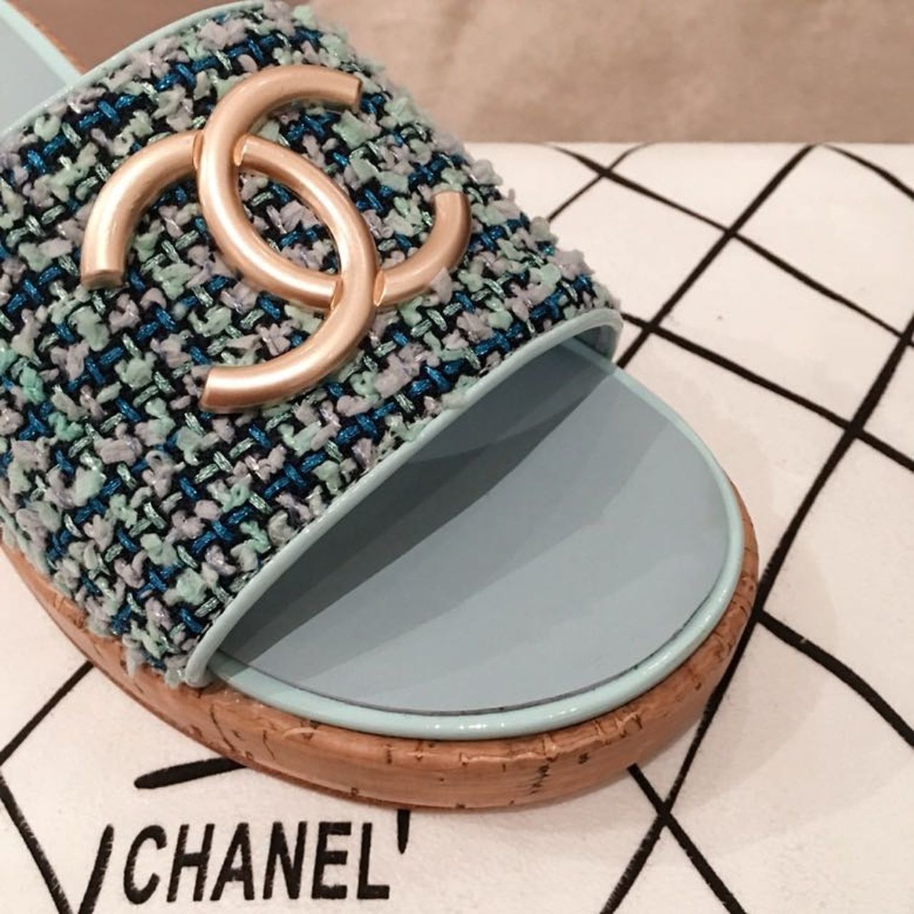 Chanel CC Cork Sandals Tweed/Calfskin Leather Spring/Summer Collection Light Blue