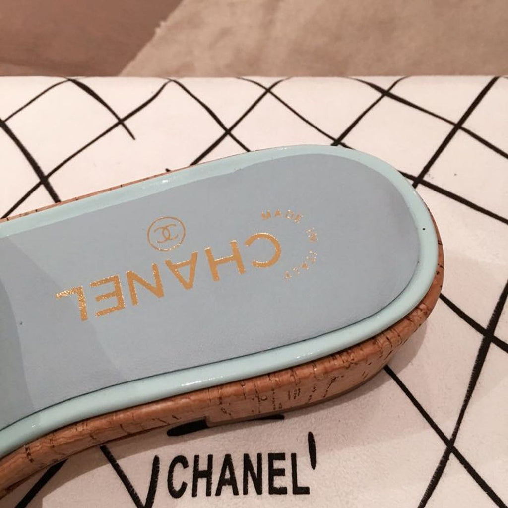 Chanel CC Cork Sandals Tweed/Calfskin Leather Spring/Summer Collection Light Blue
