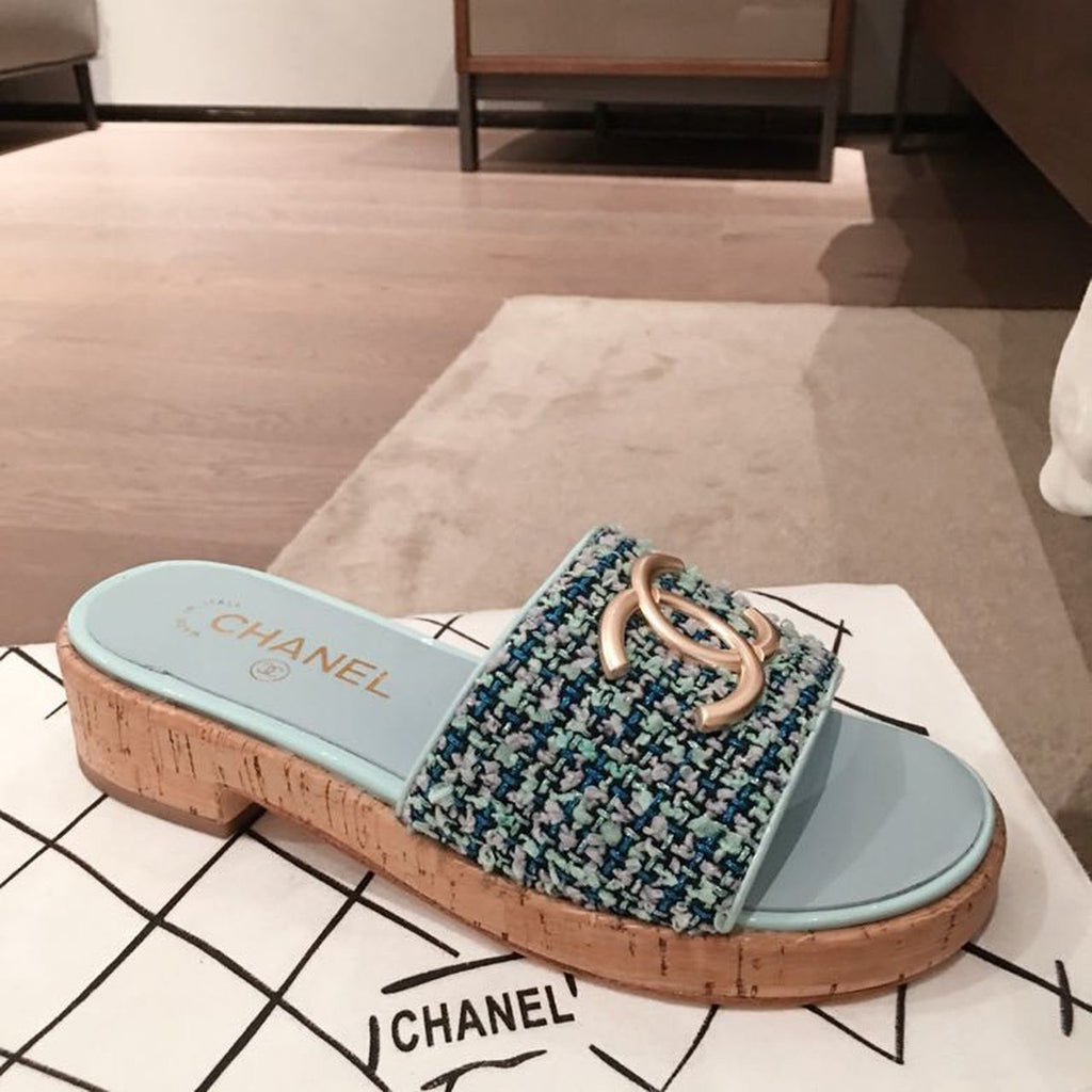 Chanel CC Cork Sandals Tweed/Calfskin Leather Spring/Summer Collection Light Blue