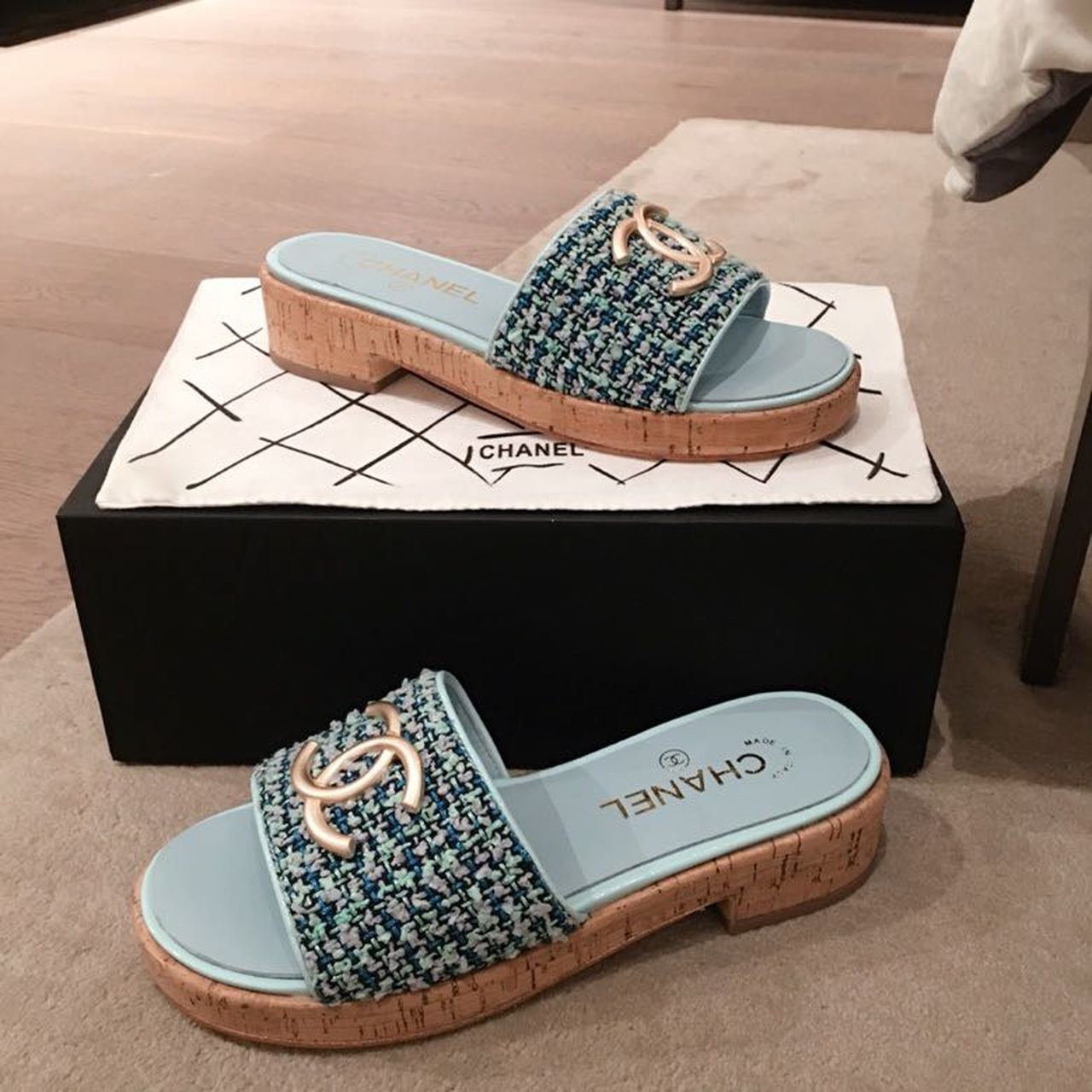 Chanel CC Cork Sandals Tweed/Calfskin Leather Spring/Summer Collection Light Blue