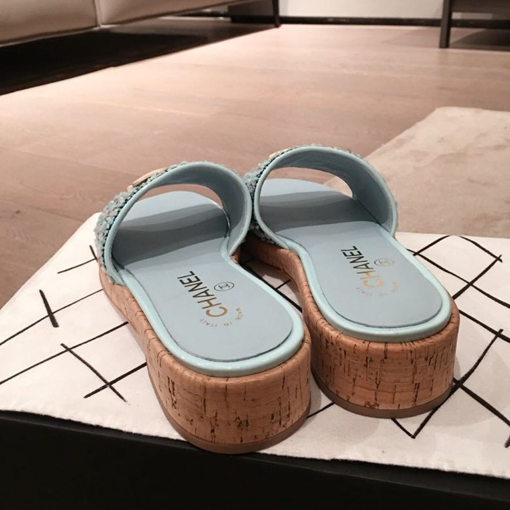 Chanel CC Cork Sandals Tweed/Calfskin Leather Spring/Summer Collection Light Blue