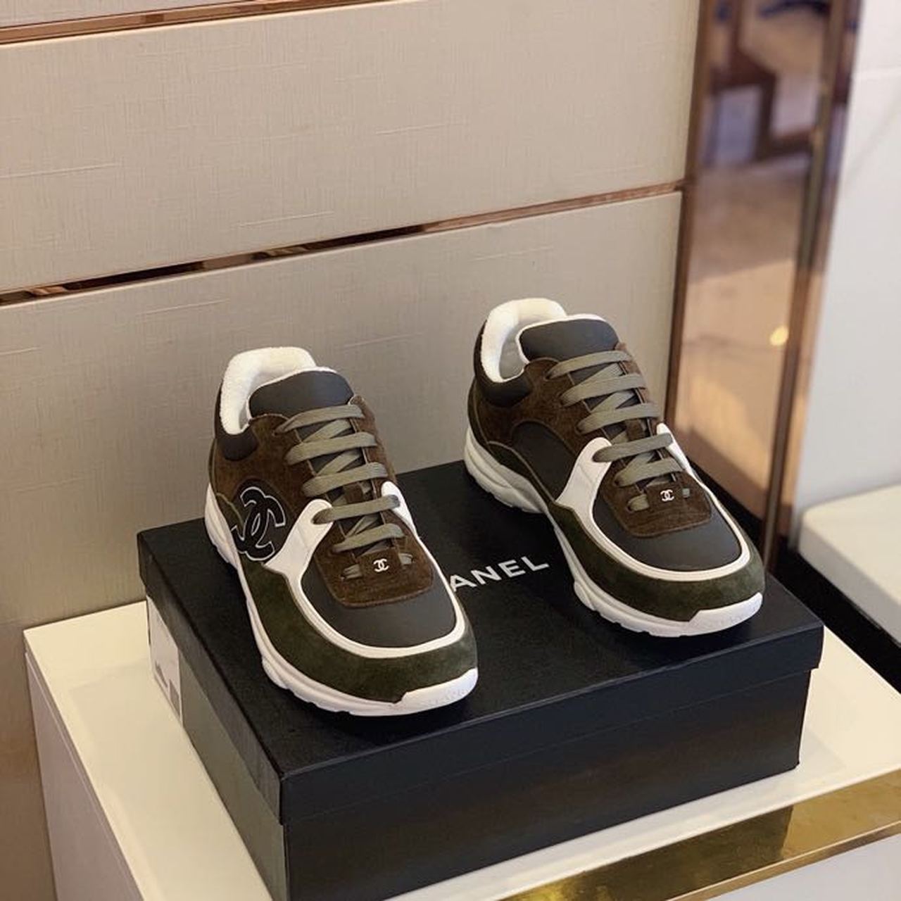 Chanel Nylon Trainer Sneakers Lambskin & Suede Leather Spring/Summer Collection Dark Green/Brown