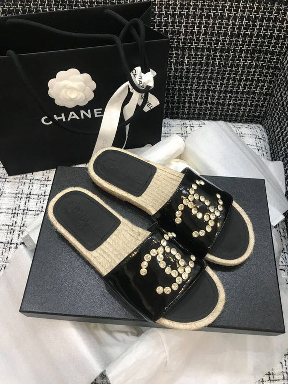 Chanel Crystal CC Espadrille Sandals Calfskin Leather Spring/Summer Collection Black