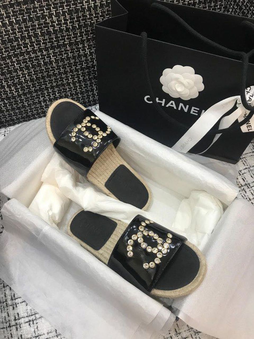 Chanel Crystal CC Espadrille Sandals Calfskin Leather Spring/Summer Collection Black