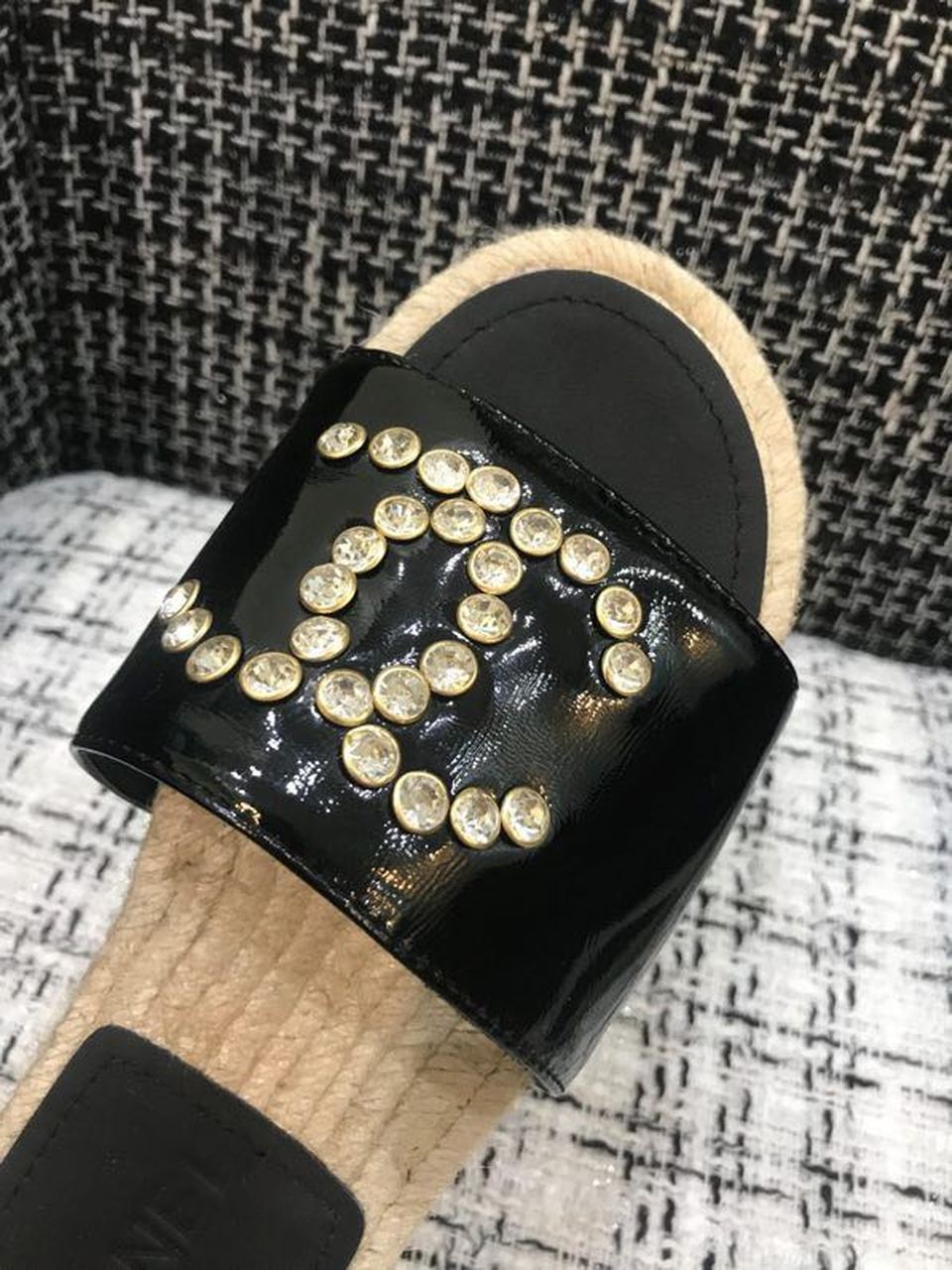 Chanel Crystal CC Espadrille Sandals Calfskin Leather Spring/Summer Collection Black