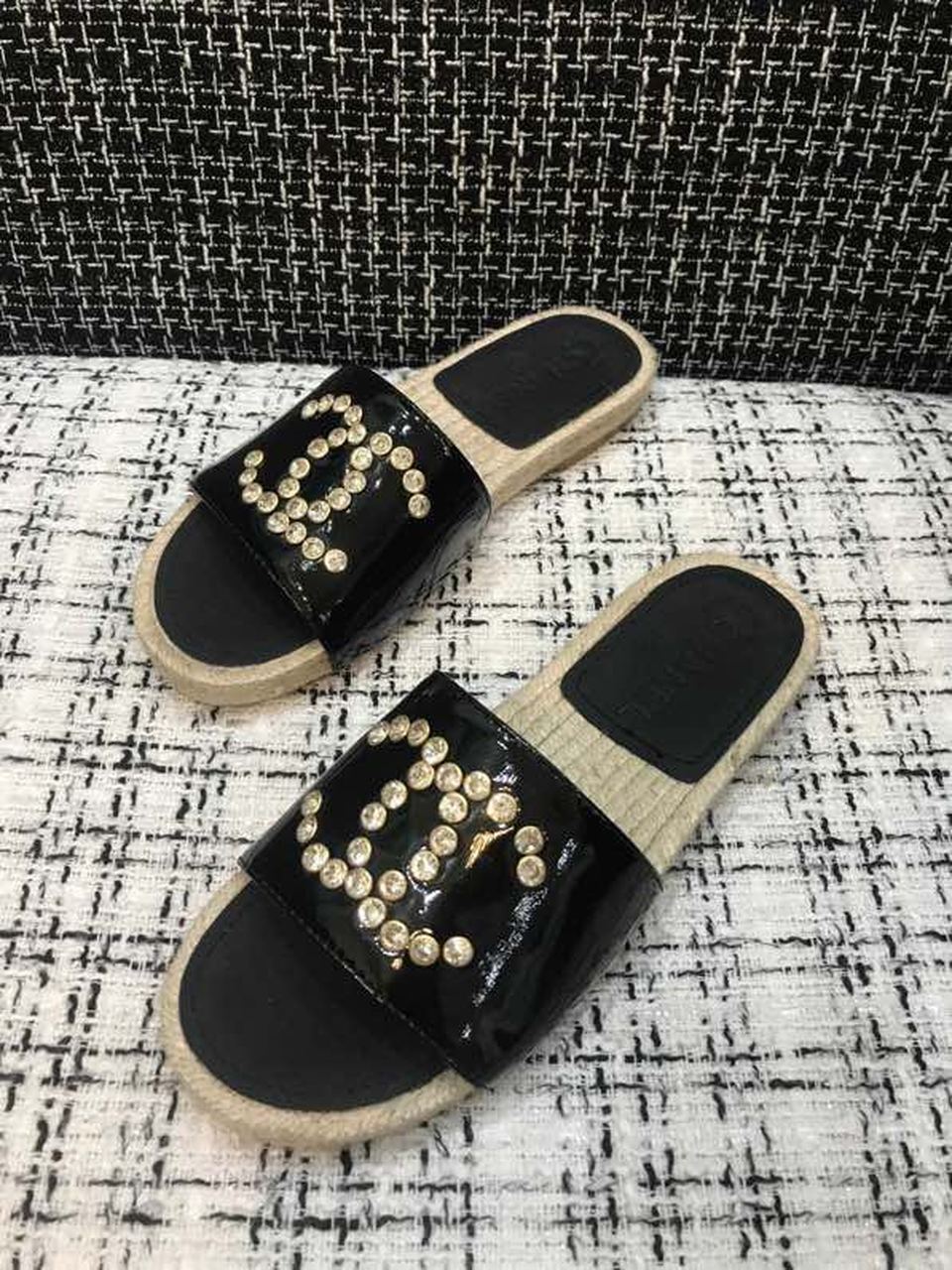 Chanel Crystal CC Espadrille Sandals Calfskin Leather Spring/Summer Collection Black
