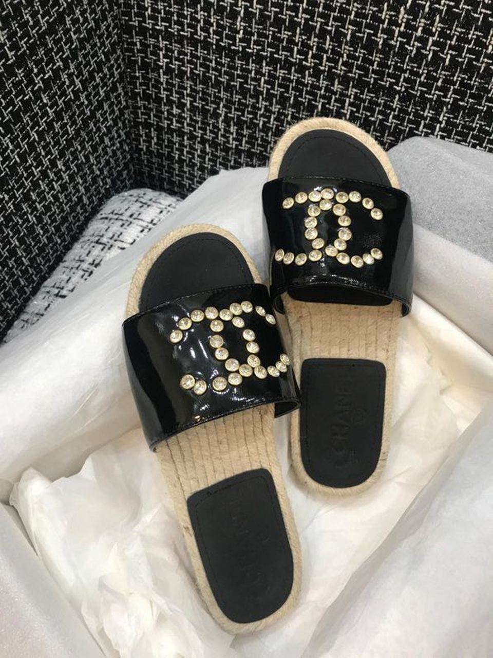Chanel Crystal CC Espadrille Sandals Calfskin Leather Spring/Summer Collection Black