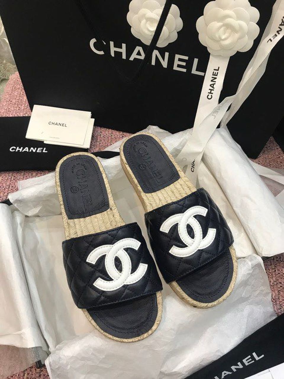 Chanel CC Quilted Espadrille Sandals Calfskin Leather Spring/Summer Collection Black/White