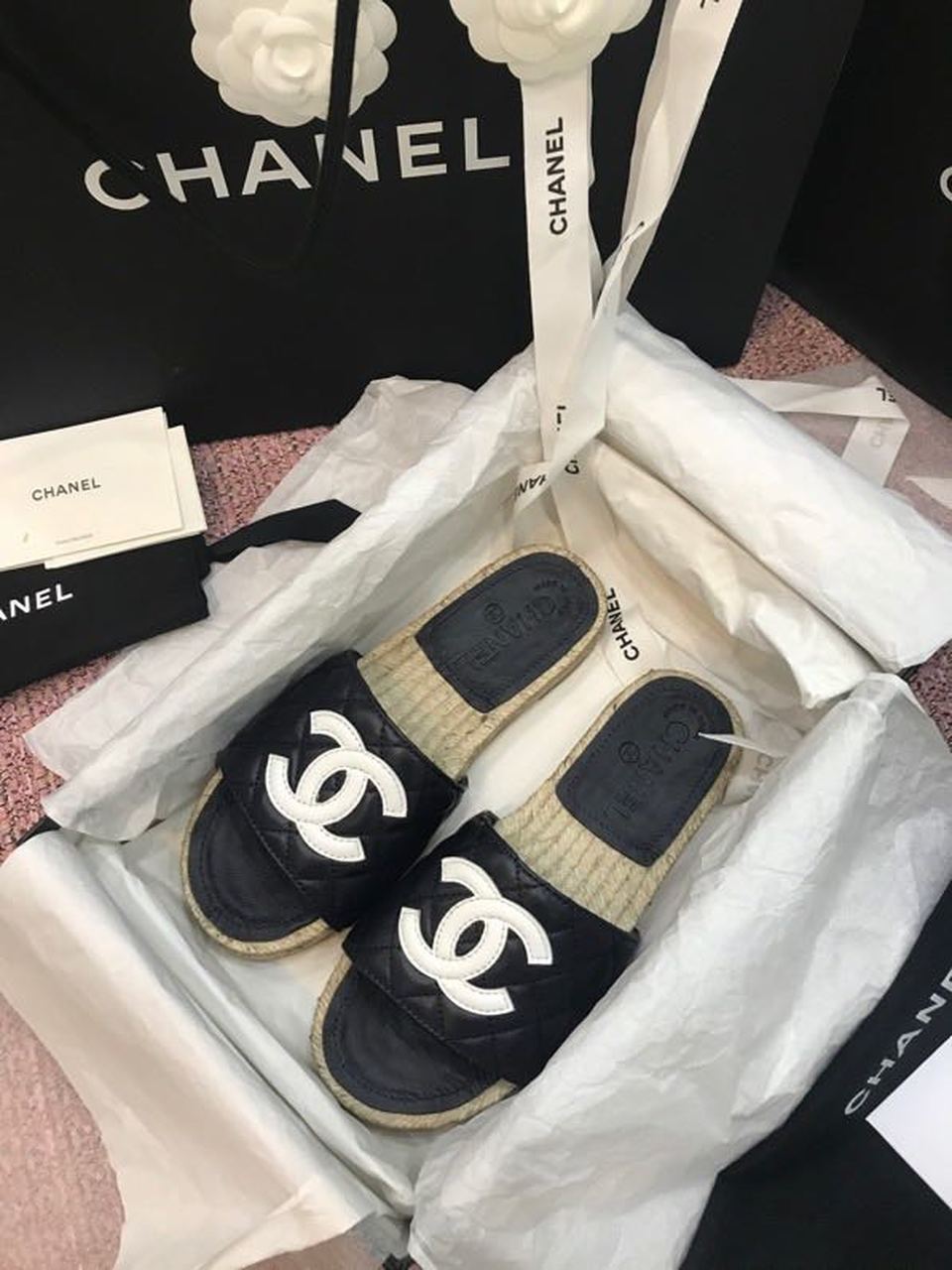 Chanel CC Quilted Espadrille Sandals Calfskin Leather Spring/Summer Collection Black/White