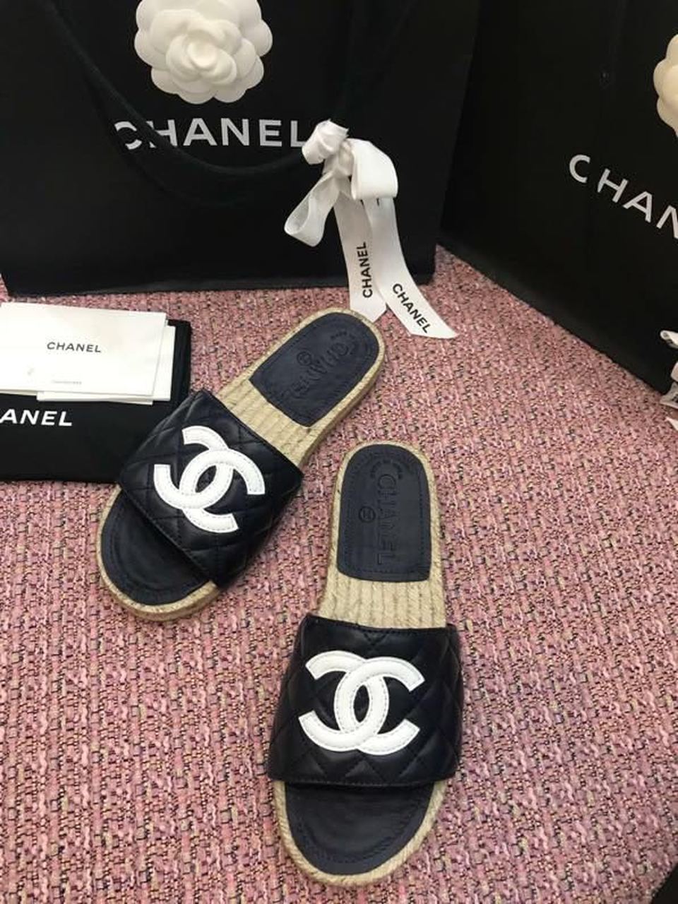 Chanel CC Quilted Espadrille Sandals Calfskin Leather Spring/Summer Collection Black/White