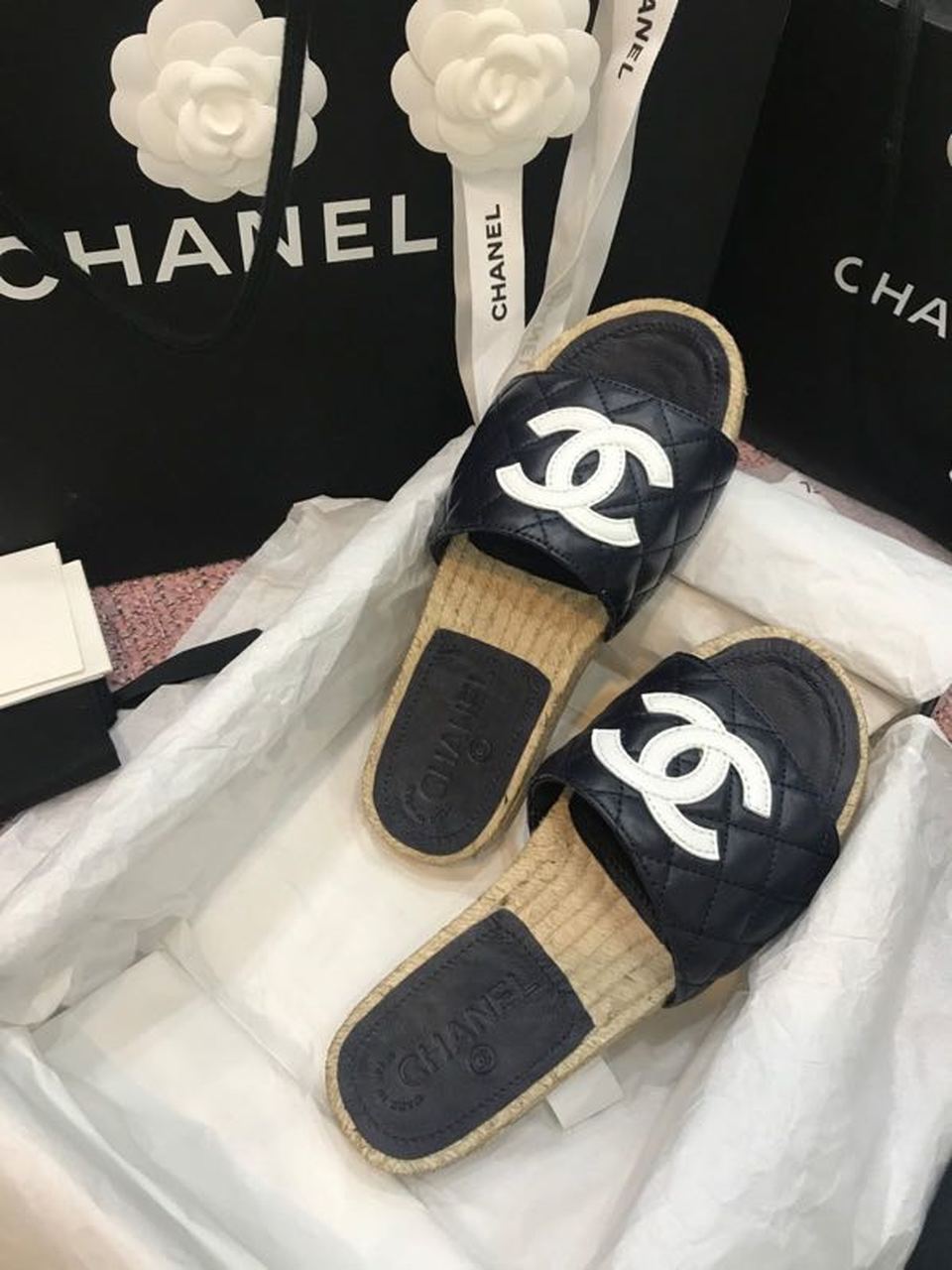 Chanel CC Quilted Espadrille Sandals Calfskin Leather Spring/Summer Collection Black/White