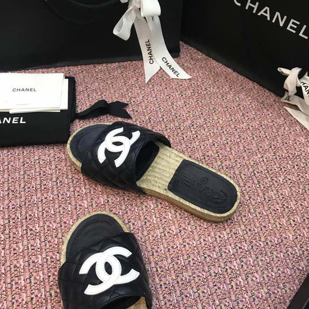 Chanel CC Quilted Espadrille Sandals Calfskin Leather Spring/Summer Collection Black/White
