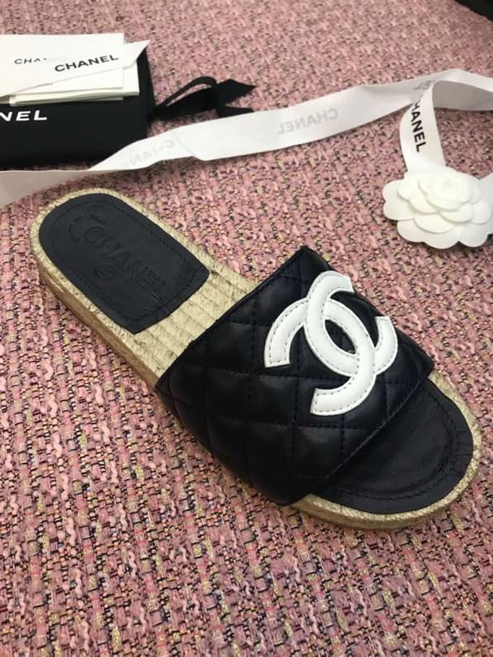 Chanel CC Quilted Espadrille Sandals Calfskin Leather Spring/Summer Collection Black/White