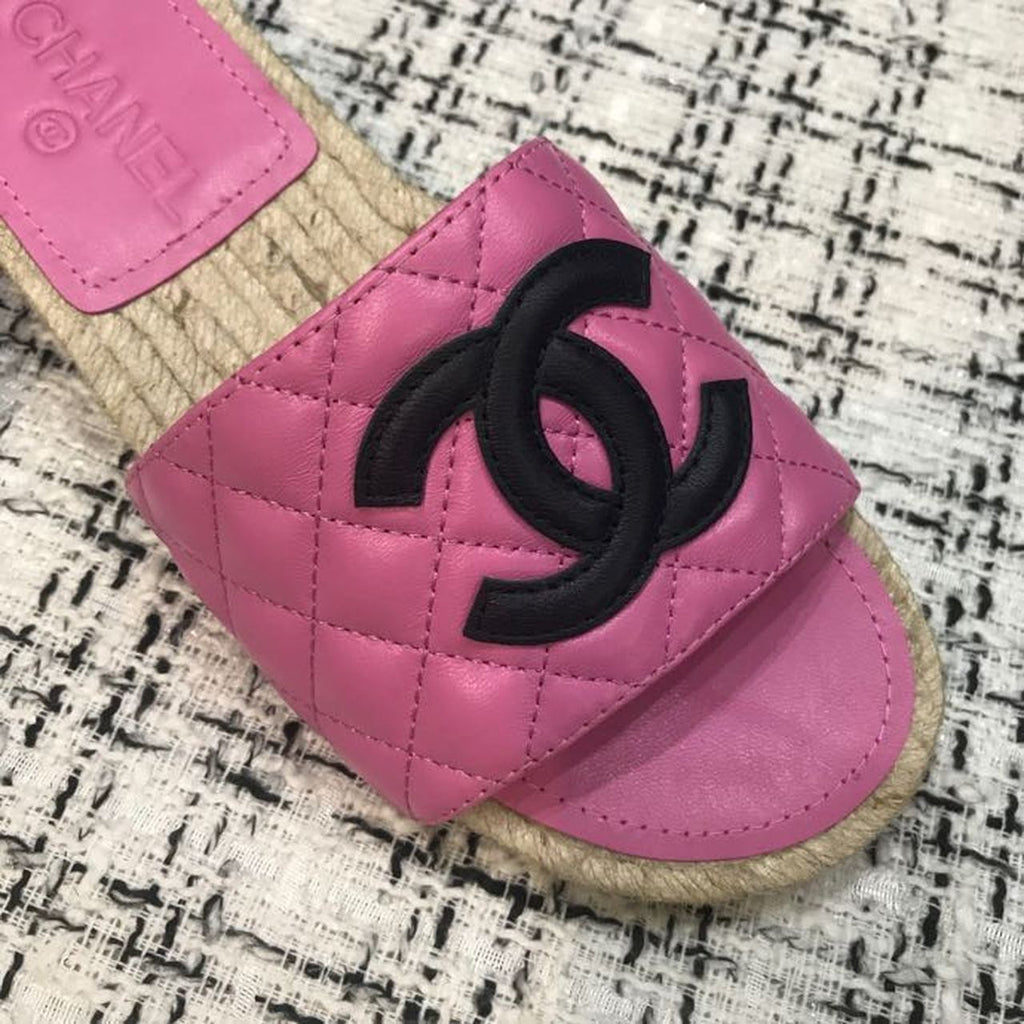 Chanel CC Quilted Espadrille Sandals Calfskin Leather Spring/Summer Collection Pink/Black