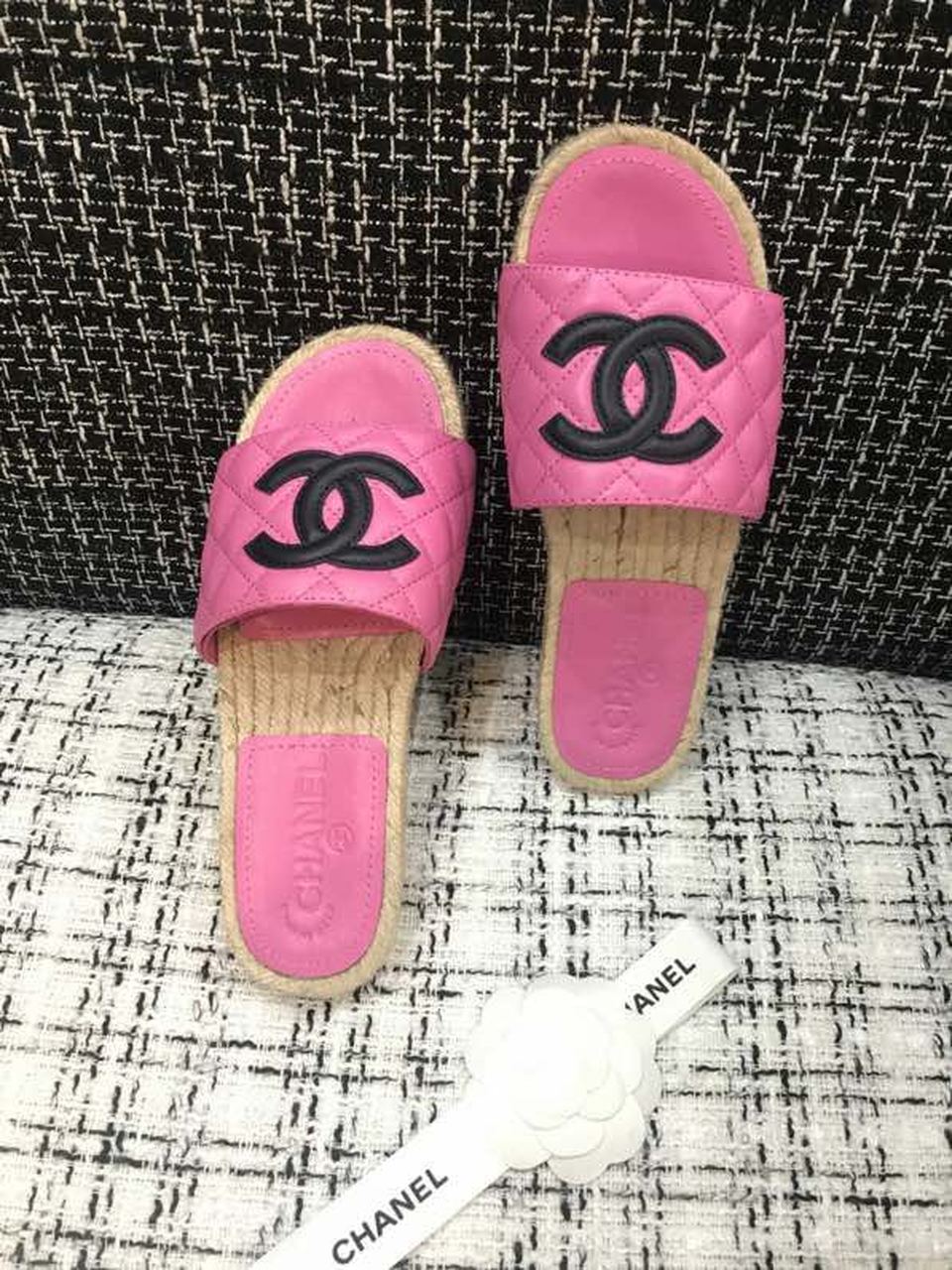 Chanel CC Quilted Espadrille Sandals Calfskin Leather Spring/Summer Collection Pink/Black