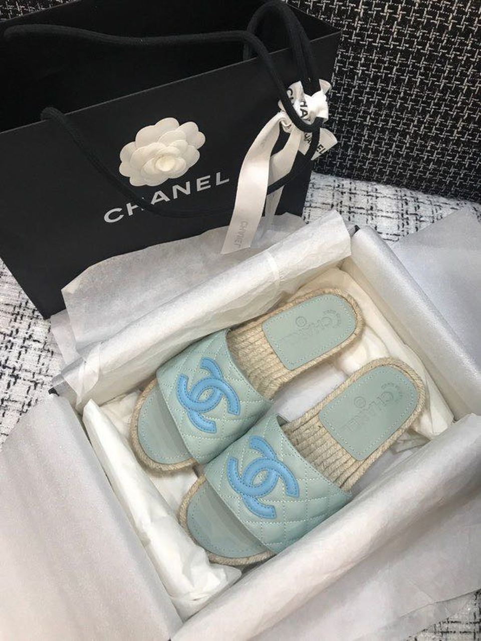 Chanel CC Quilted Espadrille Sandals Calfskin Leather Spring/Summer Collection, Mint/Blue