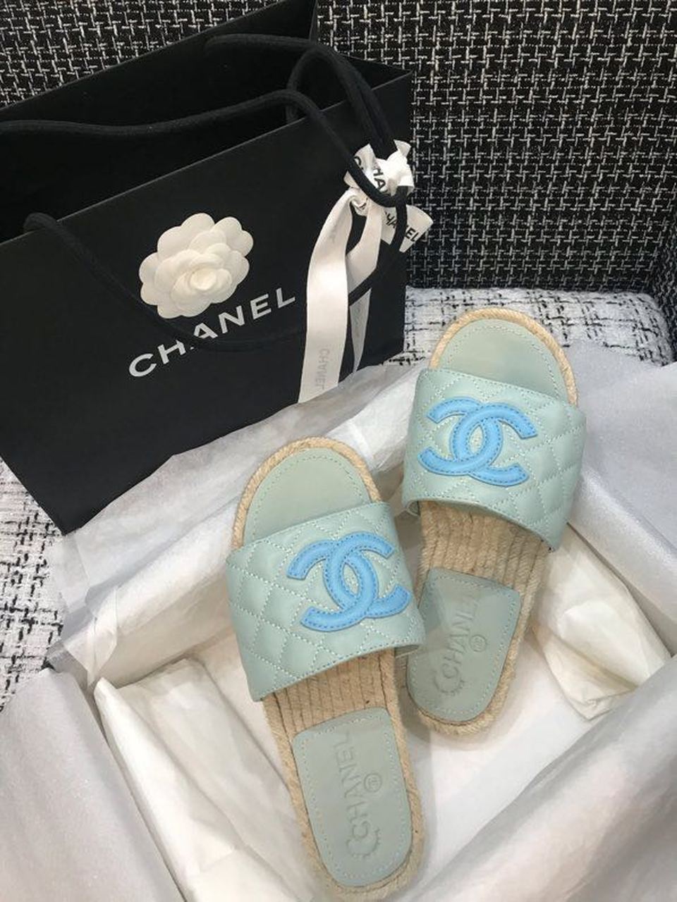 Chanel CC Quilted Espadrille Sandals Calfskin Leather Spring/Summer Collection, Mint/Blue