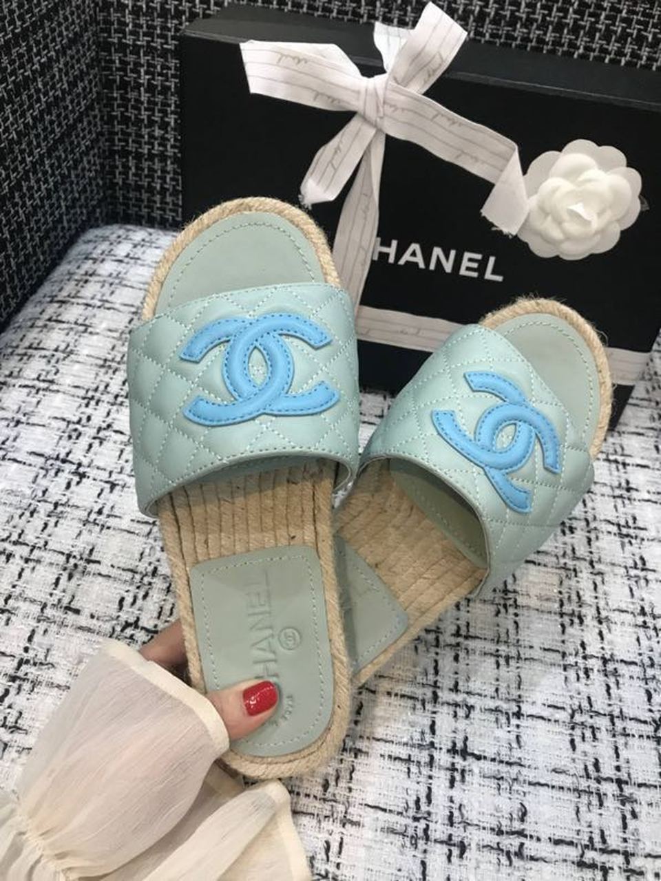 Chanel CC Quilted Espadrille Sandals Calfskin Leather Spring/Summer Collection, Mint/Blue