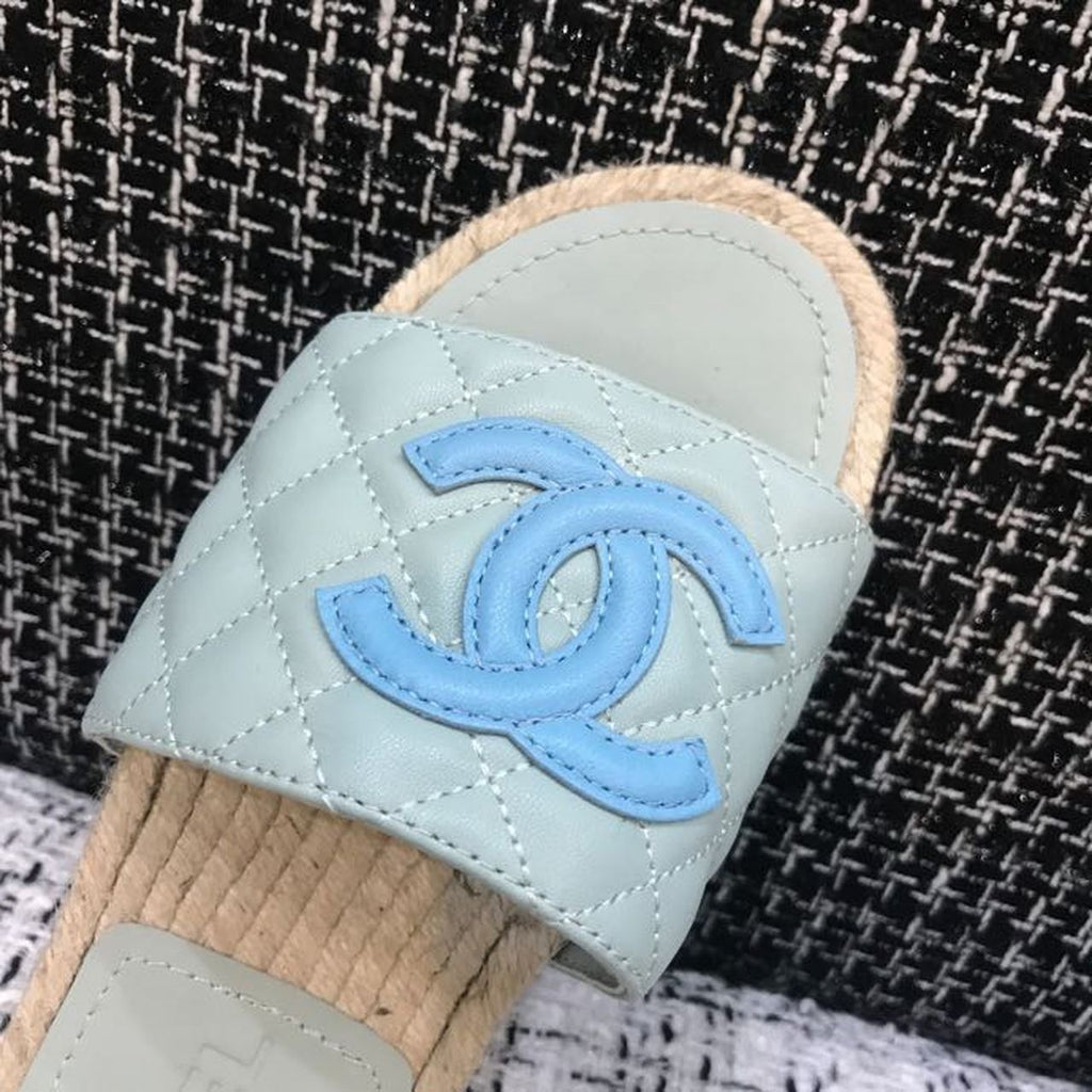 Chanel CC Quilted Espadrille Sandals Calfskin Leather Spring/Summer Collection, Mint/Blue