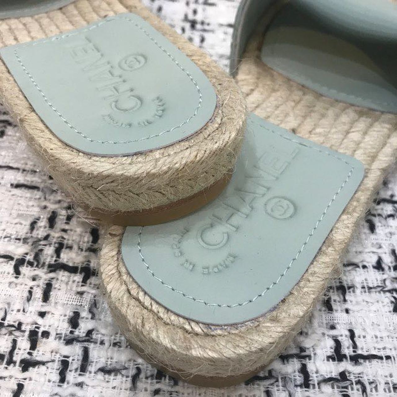 Chanel CC Quilted Espadrille Sandals Calfskin Leather Spring/Summer Collection, Mint/Blue