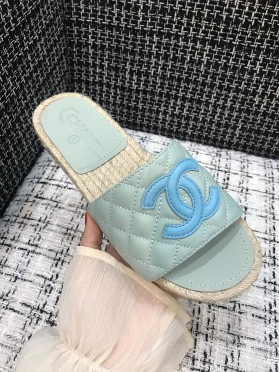 Chanel CC Quilted Espadrille Sandals Calfskin Leather Spring/Summer Collection, Mint/Blue