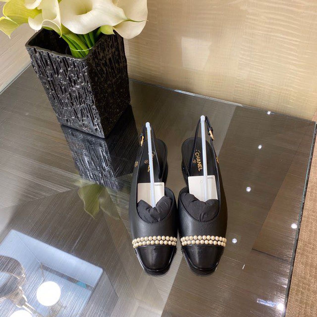 Chanel Pearl Embellished Ballerina Slingback Flats Calfskin Leather Spring/Summer Collection Black