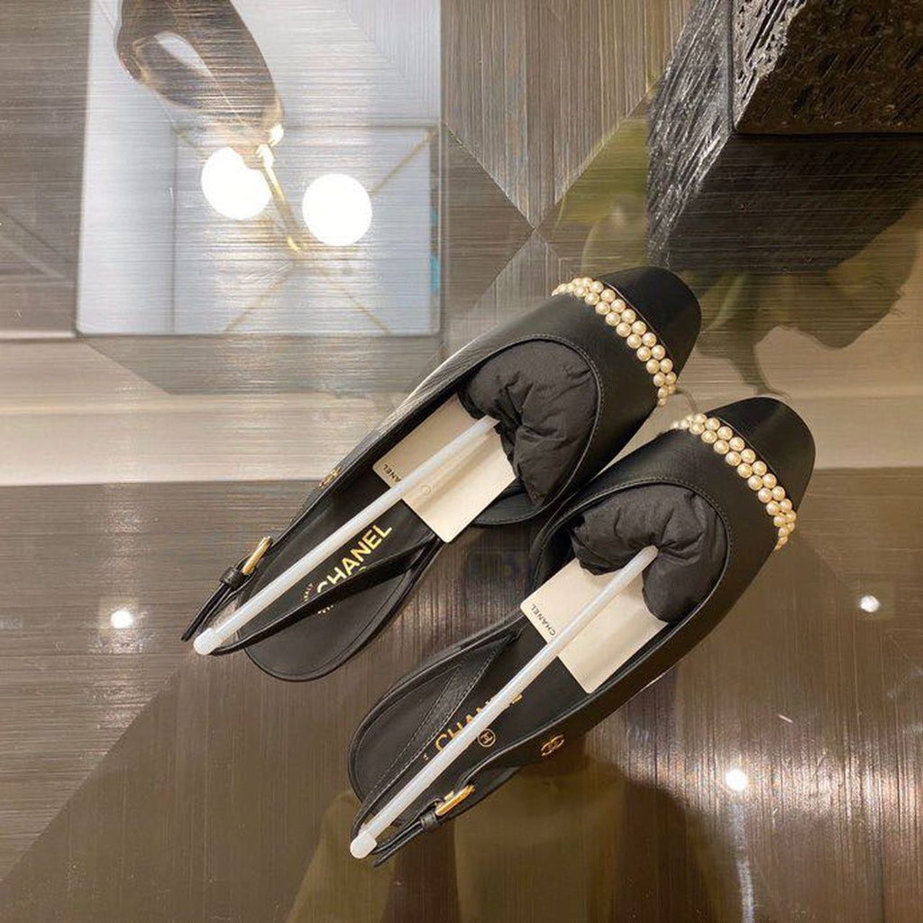 Chanel Pearl Embellished Ballerina Slingback Flats Calfskin Leather Spring/Summer Collection Black