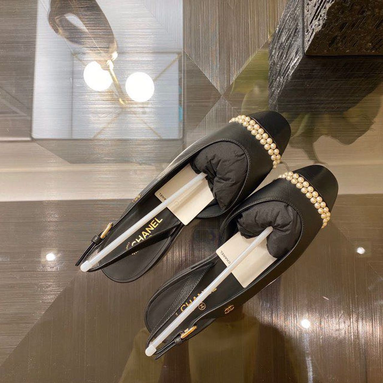 Chanel Pearl Embellished Ballerina Slingback Flats Calfskin Leather Spring/Summer Collection Black