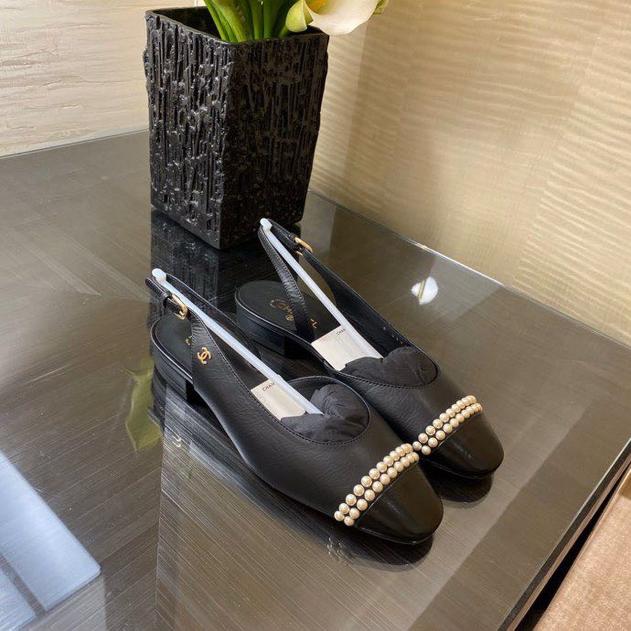 Chanel Pearl Embellished Ballerina Slingback Flats Calfskin Leather Spring/Summer Collection Black