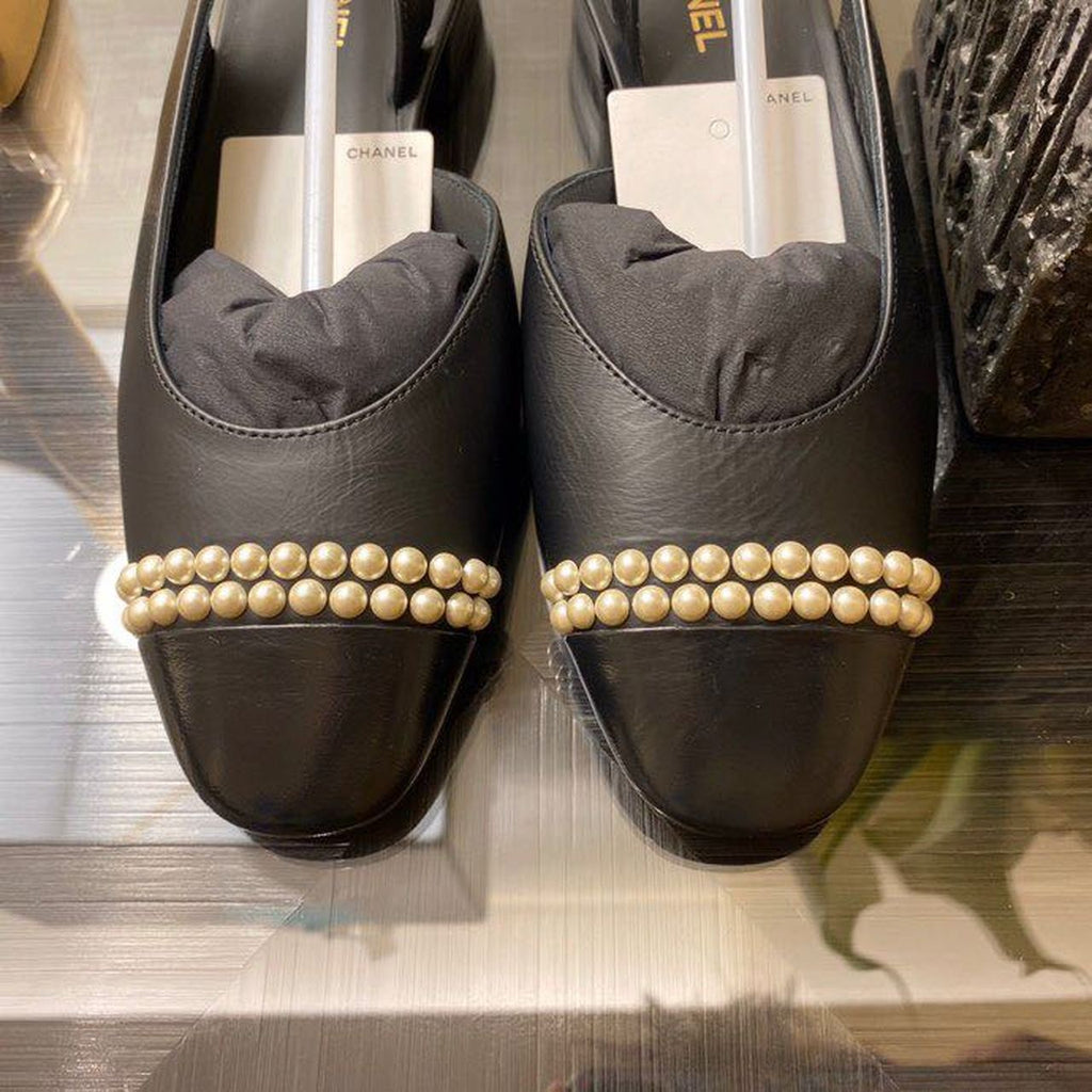 Chanel Pearl Embellished Ballerina Slingback Flats Calfskin Leather Spring/Summer Collection Black