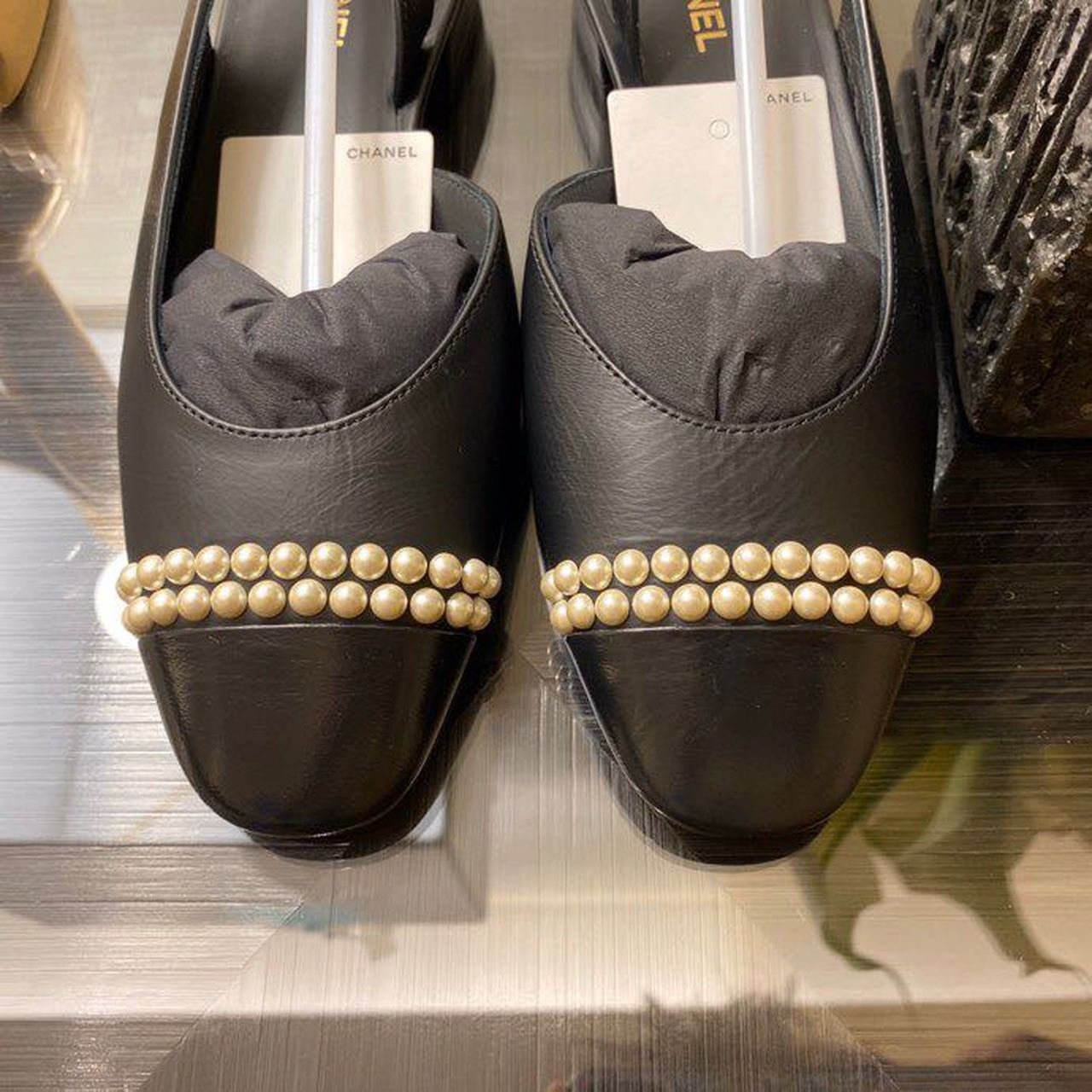 Chanel Pearl Embellished Ballerina Slingback Flats Calfskin Leather Spring/Summer Collection Black