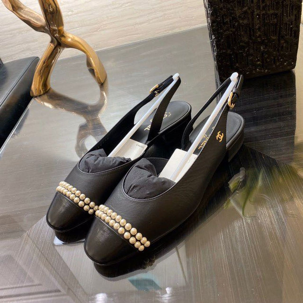 Chanel Pearl Embellished Ballerina Slingback Flats Calfskin Leather Spring/Summer Collection Black