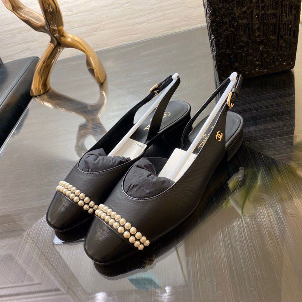 Chanel Pearl Embellished Ballerina Slingback Flats Calfskin Leather Spring/Summer Collection Black