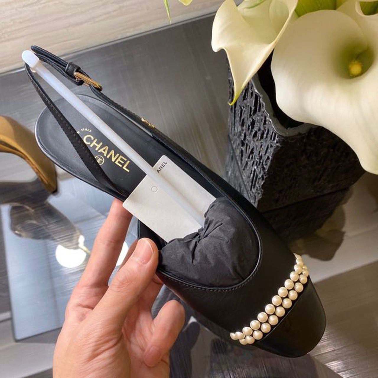 Chanel Pearl Embellished Ballerina Slingback Flats Calfskin Leather Spring/Summer Collection Black