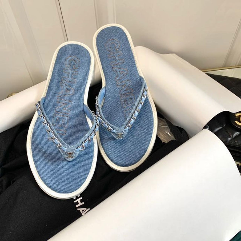 Chanel Denim Woven Chain Thong PVC Sandals Spring/Summer Collection Blue