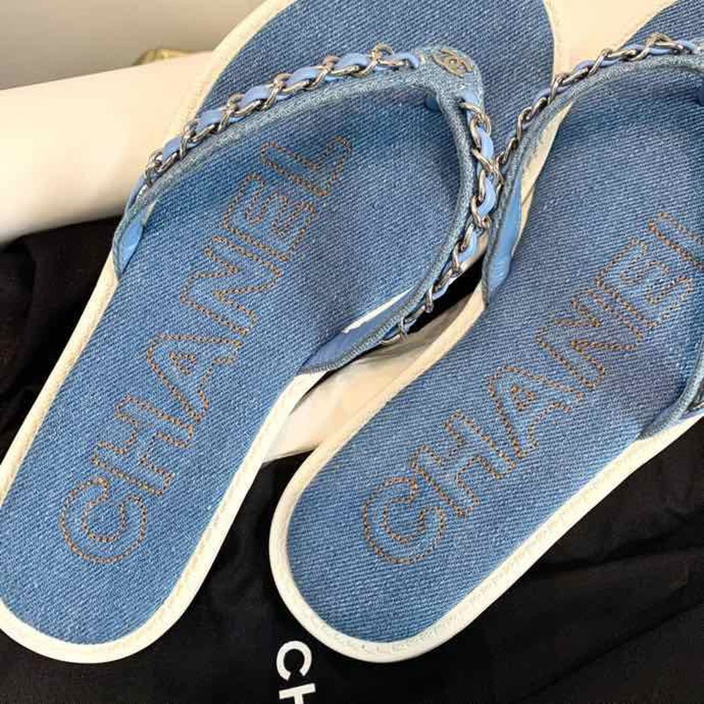 Chanel Denim Woven Chain Thong PVC Sandals Spring/Summer Collection Blue