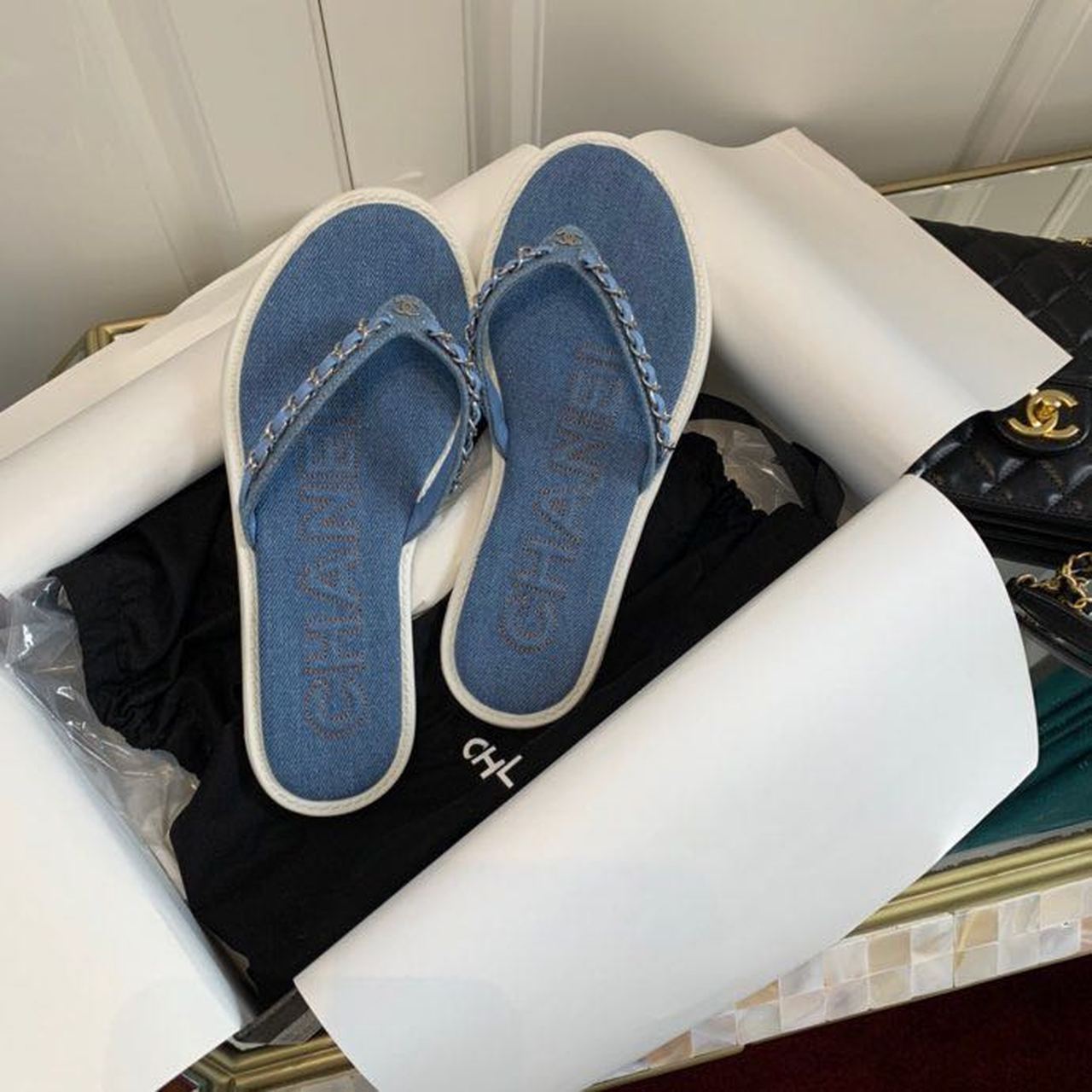 Chanel Denim Woven Chain Thong PVC Sandals Spring/Summer Collection Blue