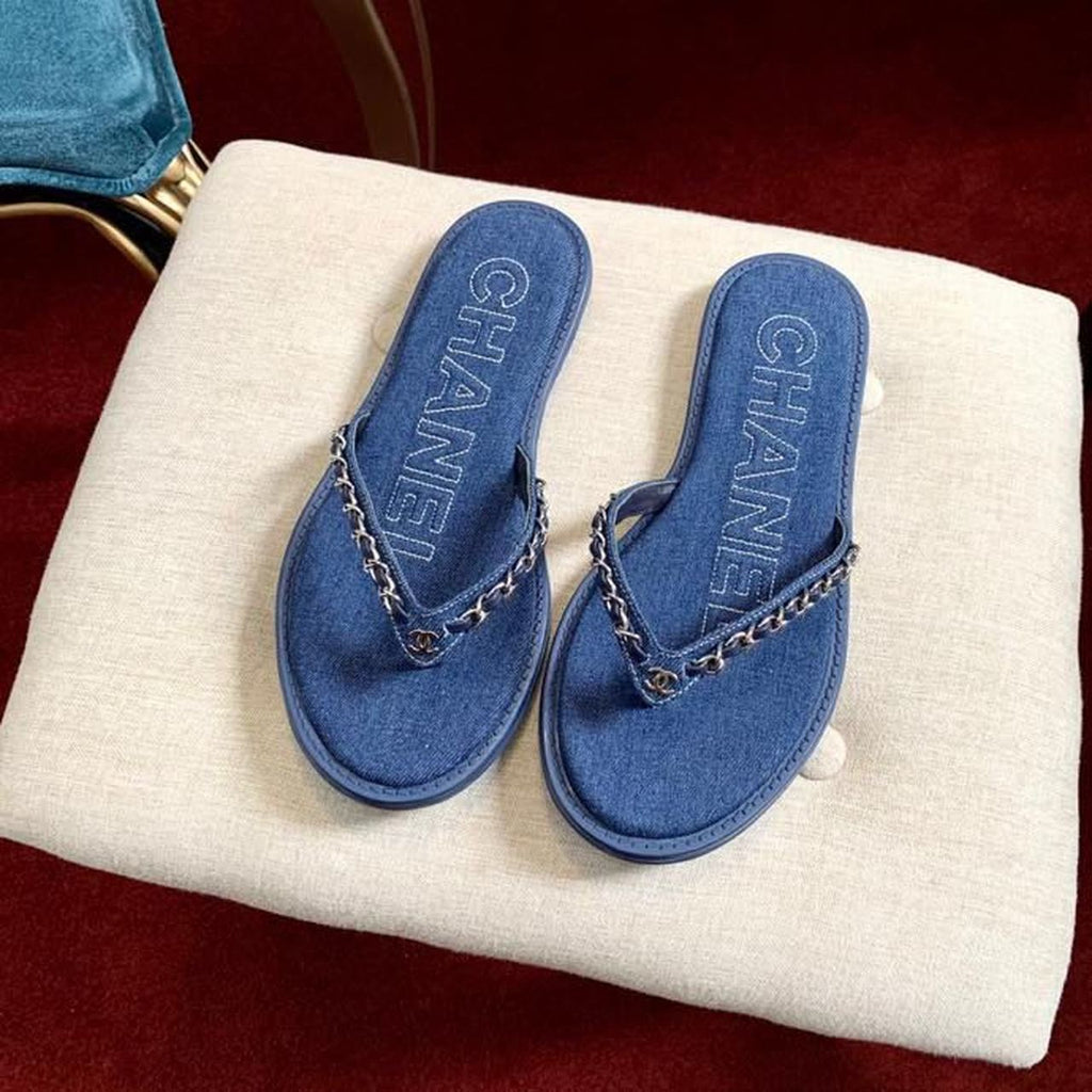 Chanel Denim Woven Chain Thong PVC Sandals Spring/Summer Collection Dark Blue