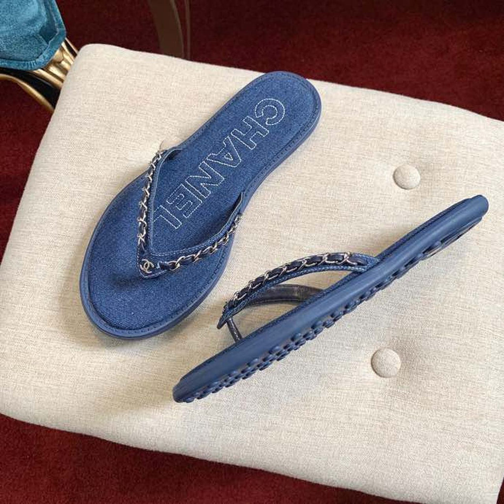 Chanel Denim Woven Chain Thong PVC Sandals Spring/Summer Collection Dark Blue