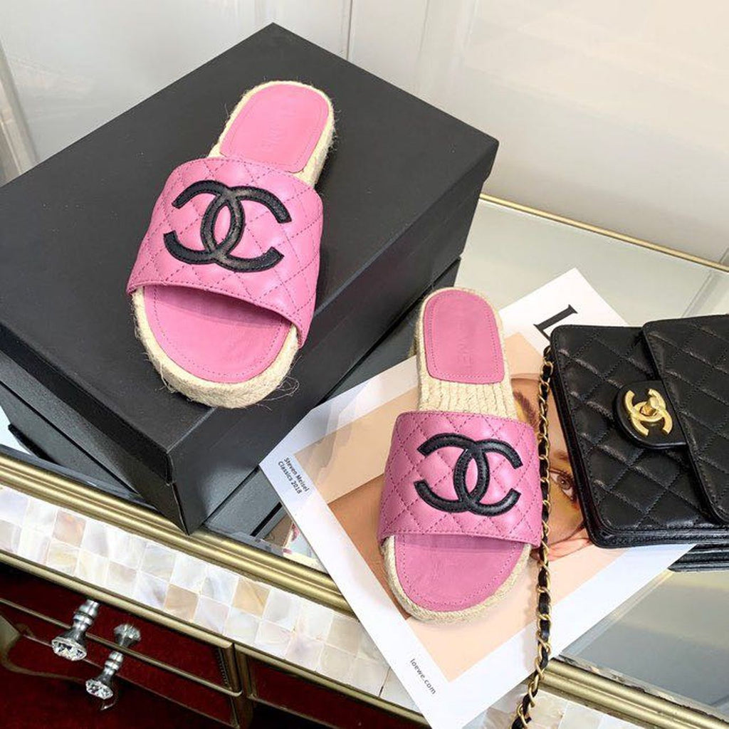 Chanel CC Quilted Espadrille Sandals Calfskin Leather Spring/Summer Collection Pink/Black