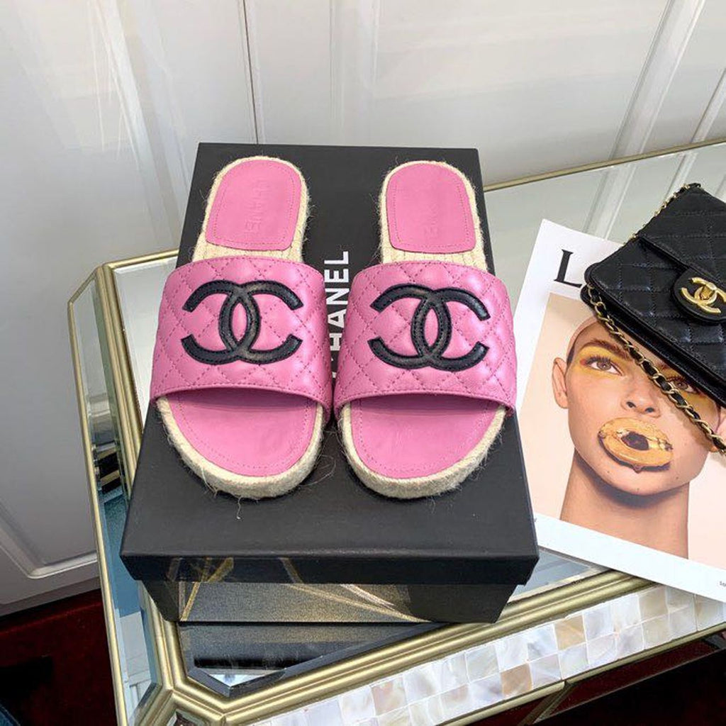 Chanel CC Quilted Espadrille Sandals Calfskin Leather Spring/Summer Collection Pink/Black