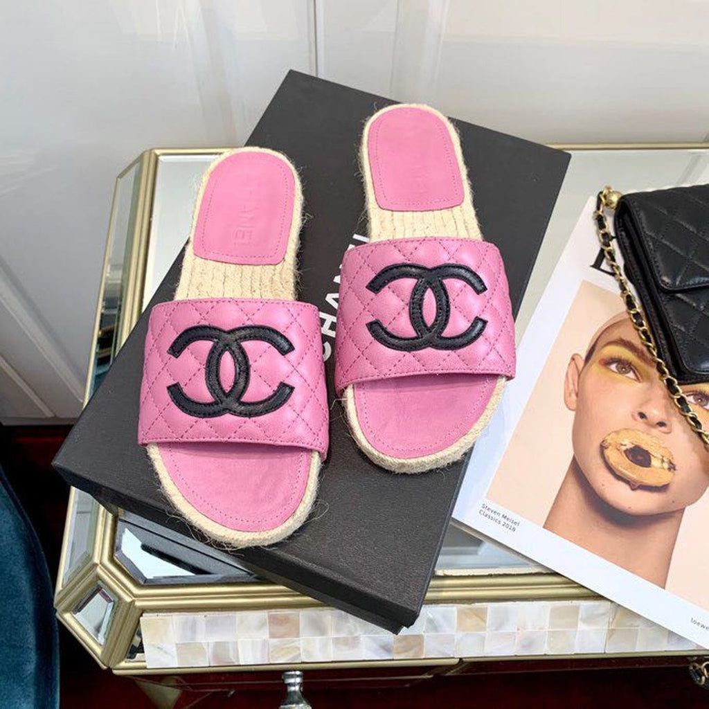 Chanel CC Quilted Espadrille Sandals Calfskin Leather Spring/Summer Collection Pink/Black