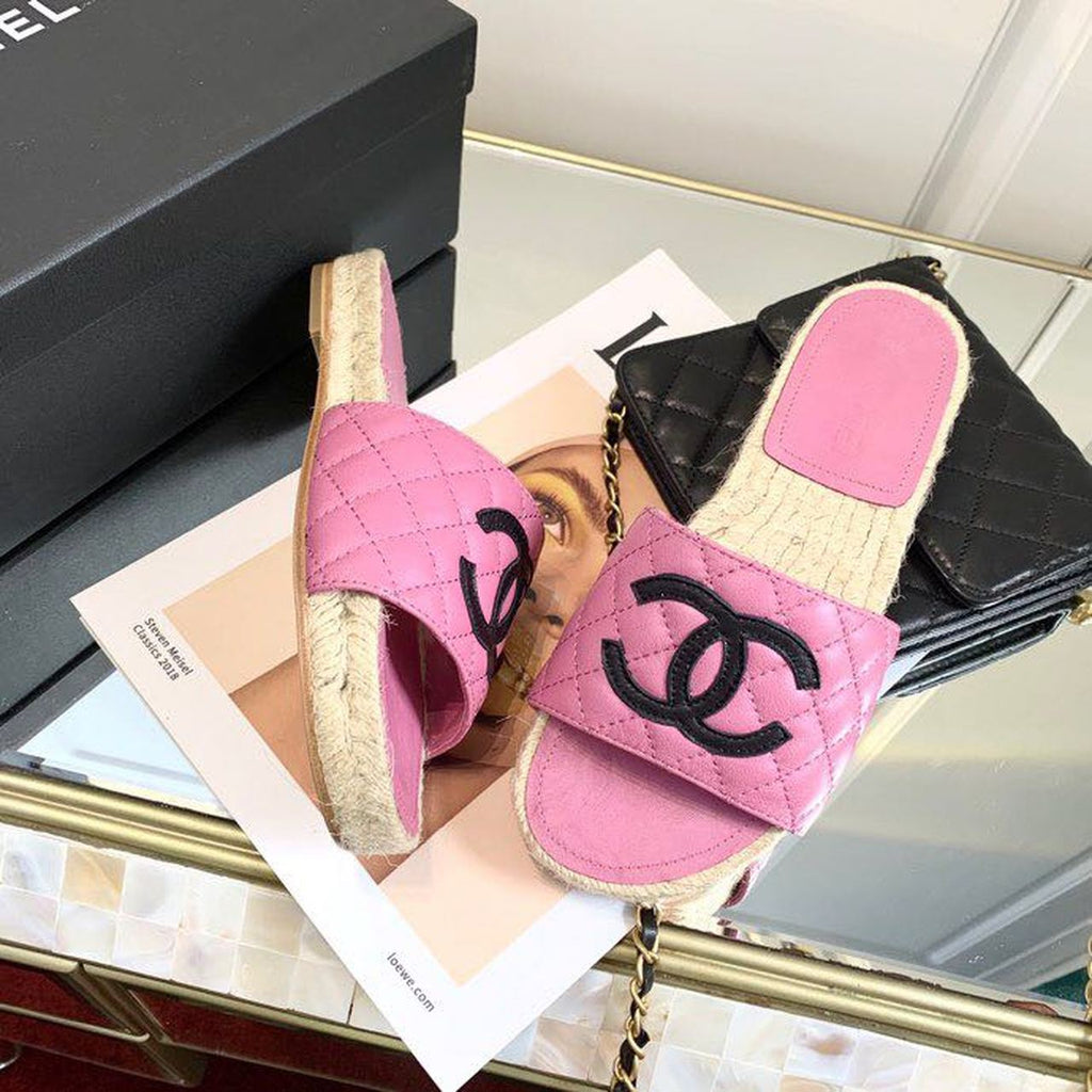 Chanel CC Quilted Espadrille Sandals Calfskin Leather Spring/Summer Collection Pink/Black