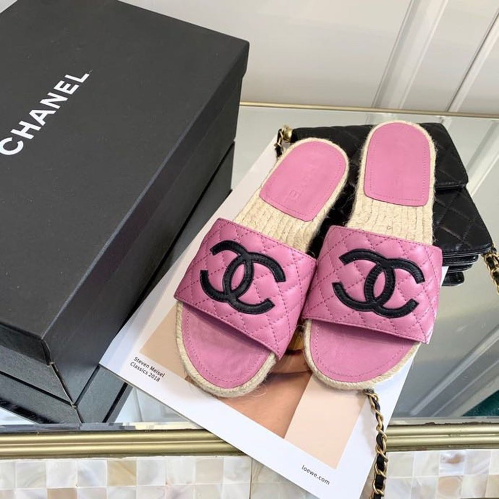 Chanel CC Quilted Espadrille Sandals Calfskin Leather Spring/Summer Collection Pink/Black