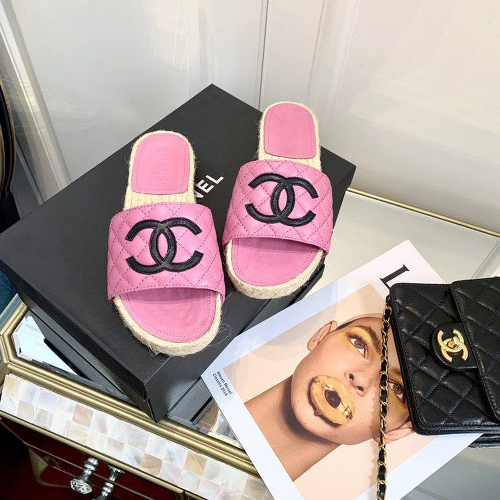 Chanel CC Quilted Espadrille Sandals Calfskin Leather Spring/Summer Collection Pink/Black