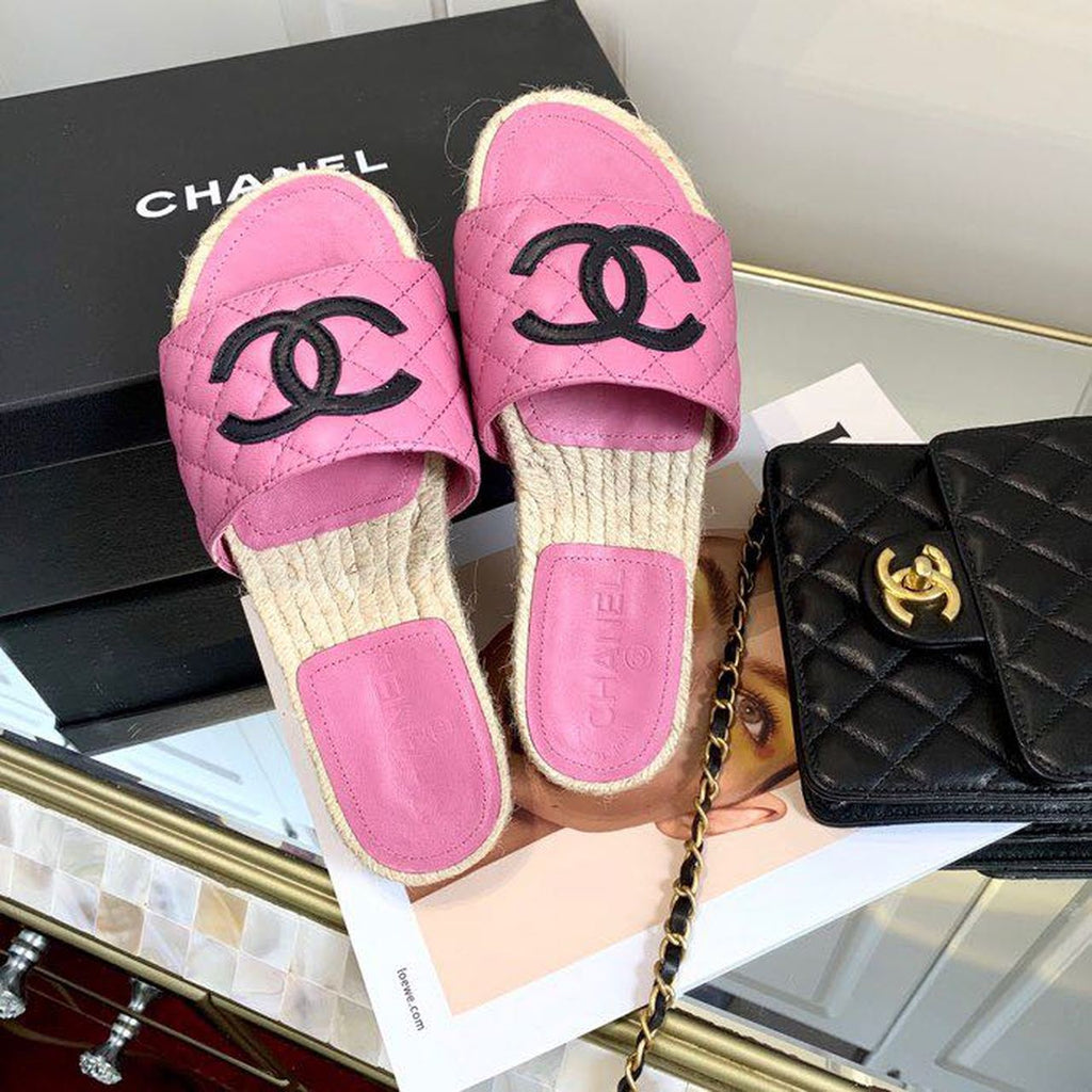 Chanel CC Quilted Espadrille Sandals Calfskin Leather Spring/Summer Collection Pink/Black