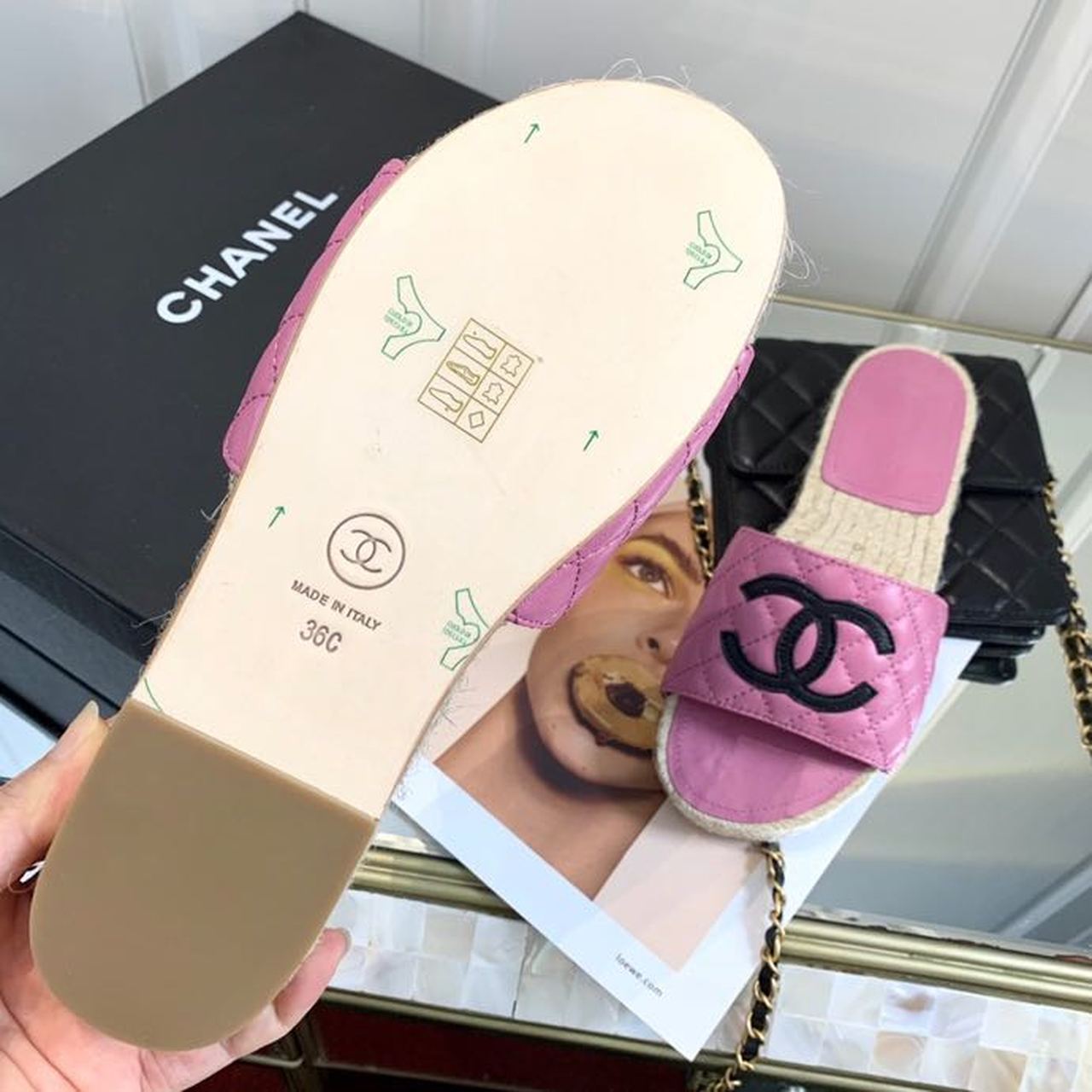 Chanel CC Quilted Espadrille Sandals Calfskin Leather Spring/Summer Collection Pink/Black
