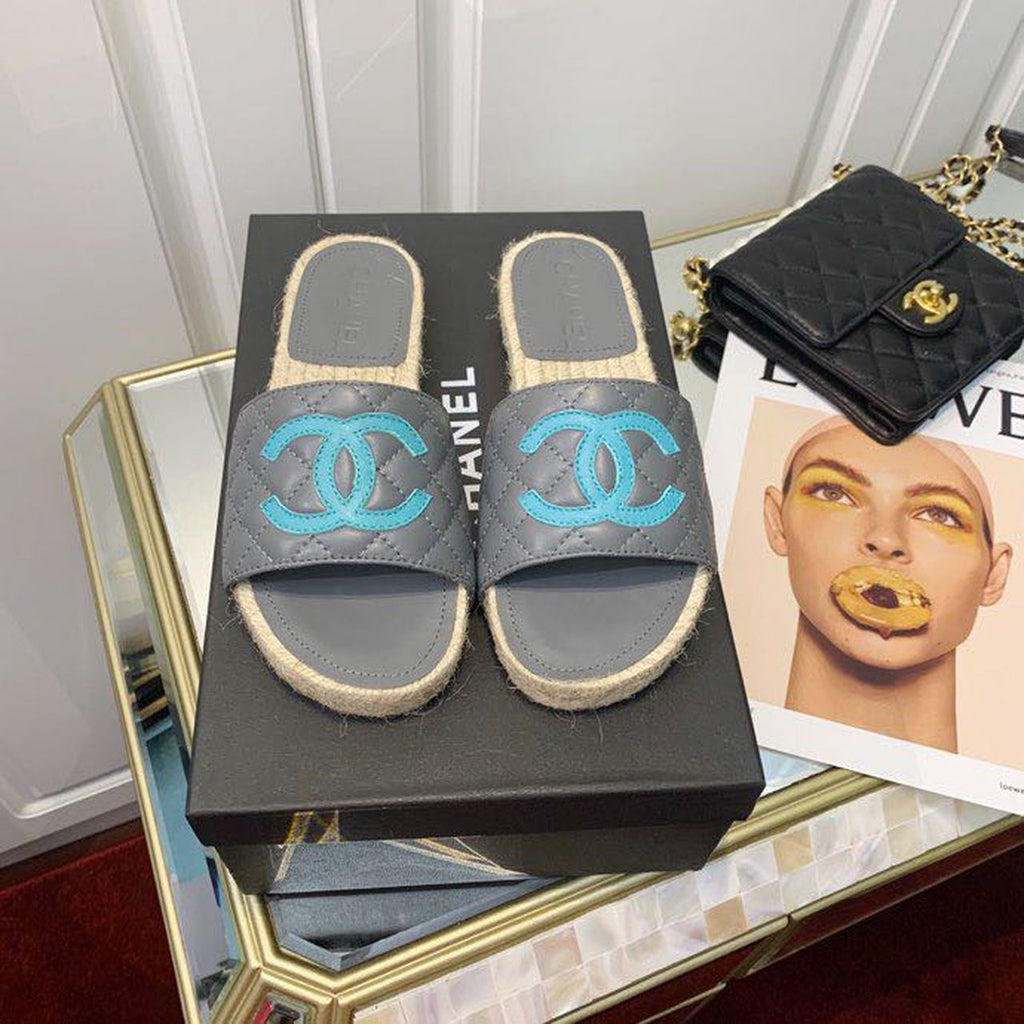 Chanel CC Quilted Espadrille Sandals Calfskin Leather Spring/Summer Collection Grey/Blue
