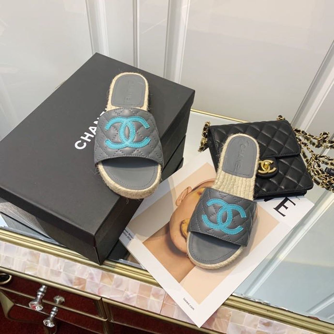 Chanel CC Quilted Espadrille Sandals Calfskin Leather Spring/Summer Collection Grey/Blue