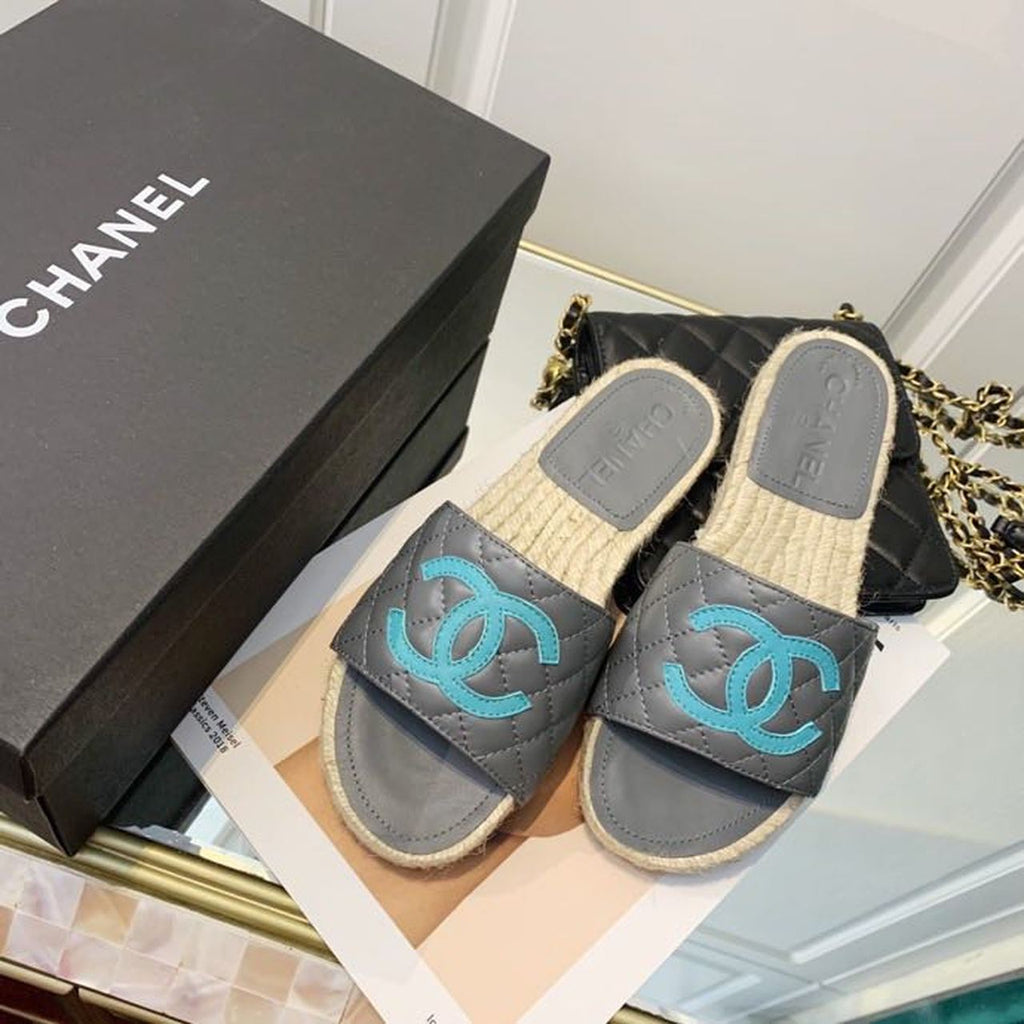 Chanel CC Quilted Espadrille Sandals Calfskin Leather Spring/Summer Collection Grey/Blue